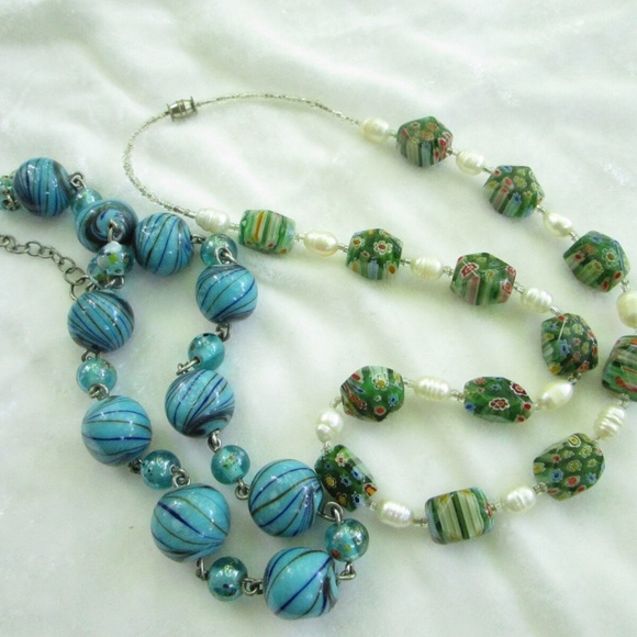 2 glass bead necklaces in green, 1 millefiori, 1 modern, wear or repurpose - Picture 2 of 10